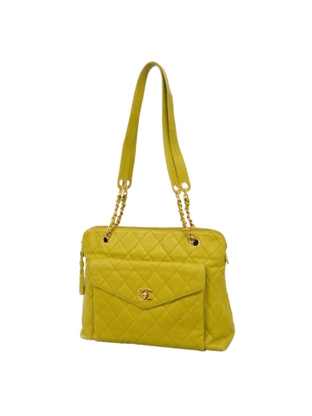 Chanel Chain Tote Bag Quilted Caviar Leather Light Green Gold